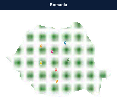 Colorful location map pins on romania dotted grid background