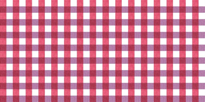 Seamless pink and magenta gingham checkered pattern on white cotton fabric texture background. For textile, picnic cloth, wallpaper design.