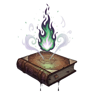 Old magic spell book with green mystical fire flames