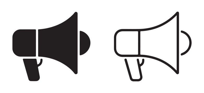 Black glyph solid and outline megaphone icons for public speaking, announcement, or marketing material.