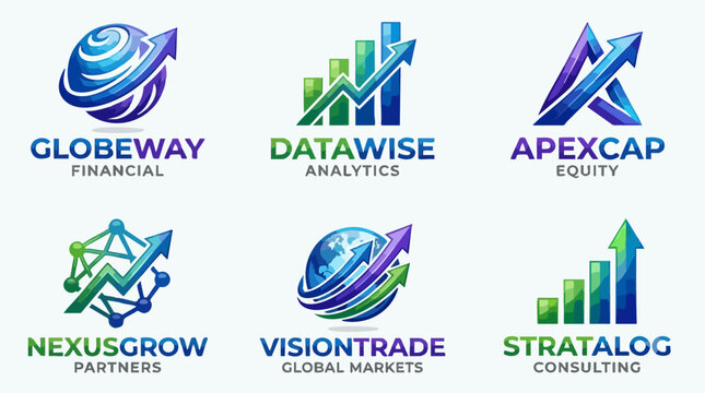 Modern financial logo set with 6 corporate icons, professional business branding vectors, blue and green data analytics symbols