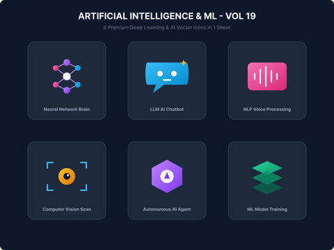 Artificial Intelligence and Machine Learning Technology Vector Icon Set