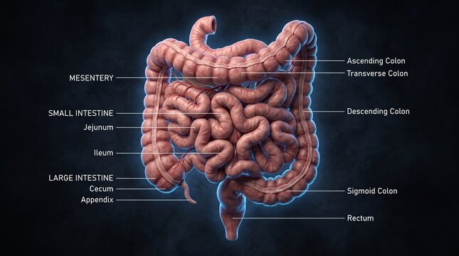 Detailed anatomical illustration of human digestive system.