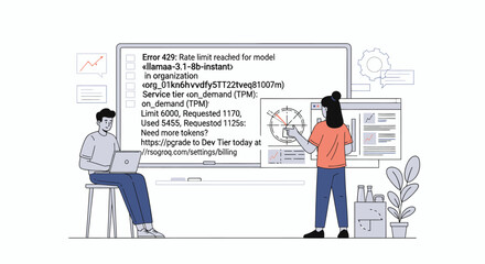 Obraz premium Vector illustration of developers fixing API rate limit error on screen while analyzing data dashboard in modern tech workspace.