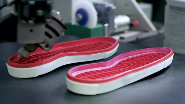factory insole processing shoe insole in factory environment top-down perspective industrial manufacturing footwear industry red white black gray plastic rubber.