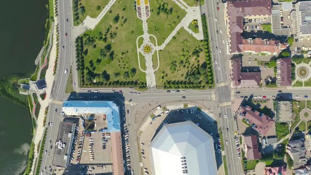 Kazan, Russia. Kazan Millennium Park. Drone footage, HEAD OVER SHOT