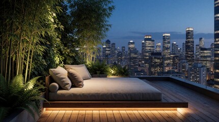 Naklejka premium Rooftop lounge offers city skyline view at night. Modern seating area with plants and bamboo, illuminated deck for relaxing evenings. Luxury urban living space.