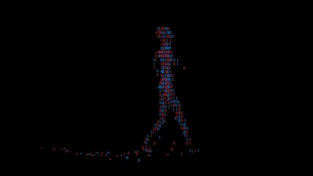 walking digital man with zeros and ones
