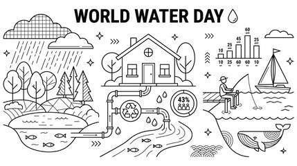 Fototapeta premium World water day infographic with rain cycle and home plumbing black white vector outline.