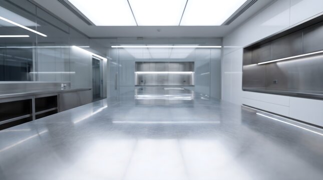 Shallow depth of field of modern stainless steel counter illustrating precision and futuristic design with copy space in a clean environment.