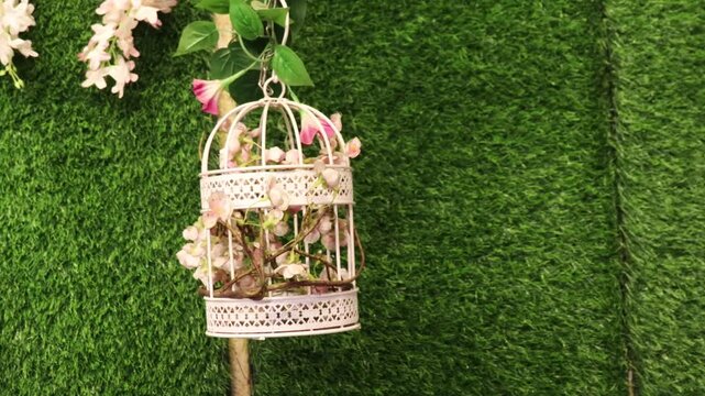 Decorative birdcage hanging against green foliage with detailed metalwork in a lovely garden setting
