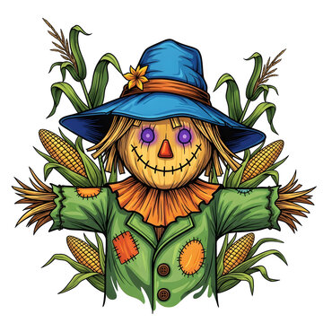 Friendly scarecrow with blue hat in a corn field