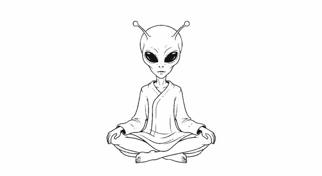 Minimalist line art of meditating alien in lotus pose.