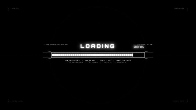 Futuristic HUD user interface loading bar animation showing digital percentage progress indicator counting up to 100 percent complete with modern sci-fi graphic overlay on black background