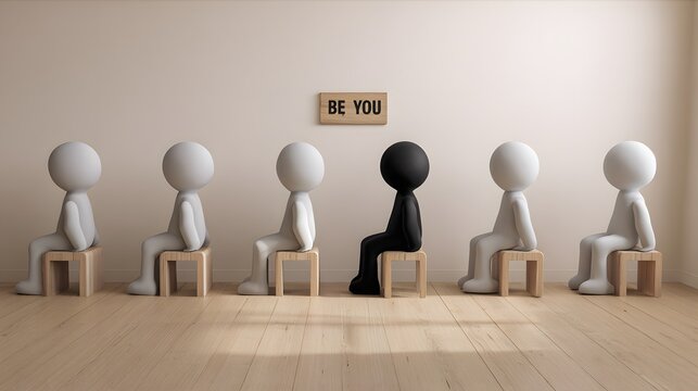 Be You individuality concept with black figure sitting among white figures.