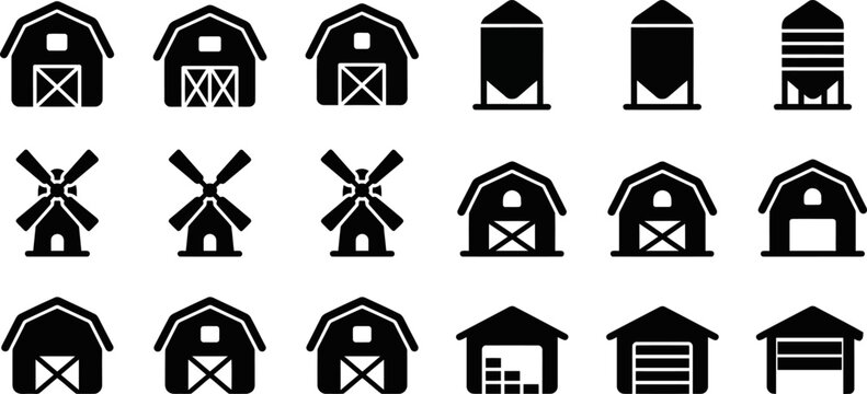 Set of black and white farm building icons including barns silos and windmills for agricultural design projects