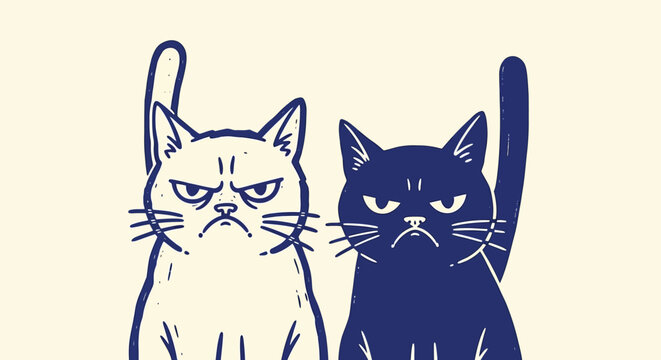 Grumpy cat vector illustration, angry feline characters with funny expressions, moody blue and white pet art for stickers and apparel