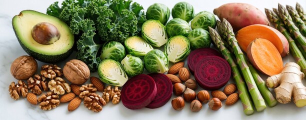 Obraz premium Variety of organic foods for diabetes diet. Healthy ingredients include avocado, salmon, spinach, kale, beetroot, nuts, asparagus. Fresh vegetables, protein, fiber rich food help control glucose