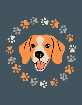 Friendly beagle dog face surrounded by orange and gray paw prints
