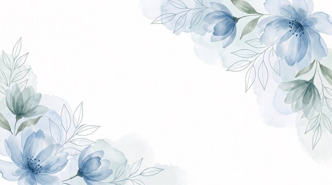 Watercolor floral ornament with blue and gray blossoms creates a delicate corner frame on a white background flowers petals botanical