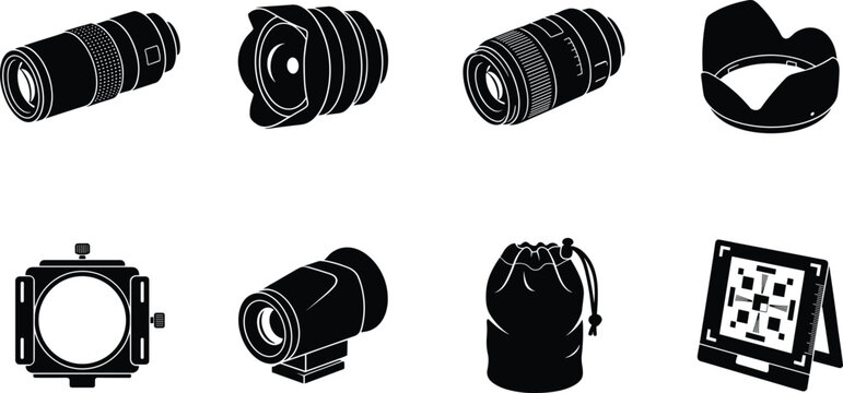 Photography Equipment Silhouette Vector Icons Featuring Camera Lenses, Filters, and Accessories