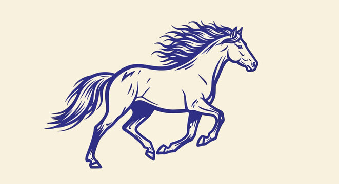 Vintage running horse vector illustration, majestic stallion galloping in woodcut style, blue equine line art for ranch branding