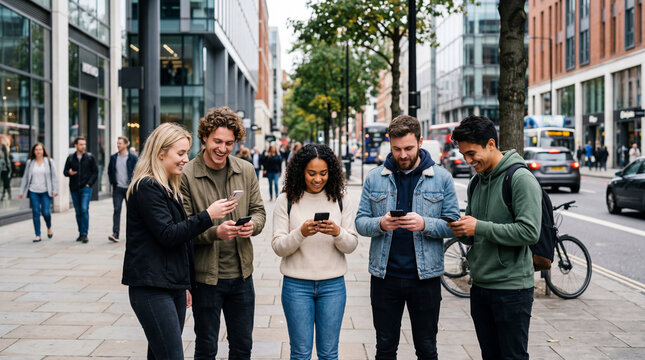 Five diverse young adults smiling and looking at their smartphones on a busy city street sidewalk.
