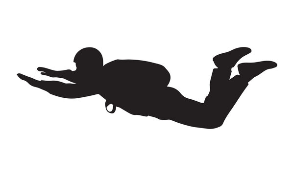 Skydiver in free fall silhouette with backpack flat vector isolated illustration design