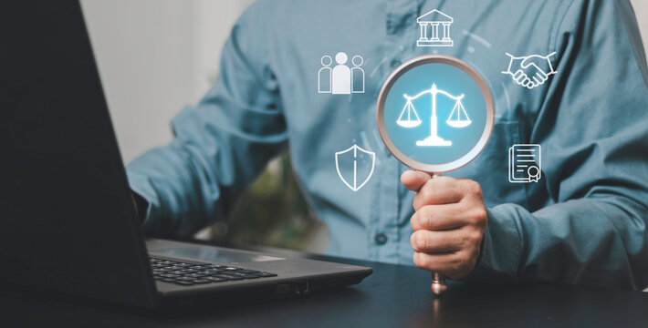 Legal icons represent corporate governance, financial compliance, risk management, audit, and control. Professional reviewing compliance documents with a magnifying glass beside a laptop.