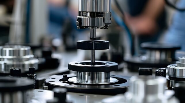 Close up of precision hinery inspecting metal components in an industrial manufacturing setting