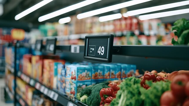A digital shelf label displaying the number 49 in a modern grocery store aisle with fresh produce and packaged goods