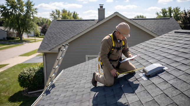 Professional roofing inspector examining residential roof materials and drainage system, routine property maintenance service, home inspection, insurance assessment, construction safety, and roof care