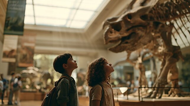 Dino Discovery: Kids Exploring Museum with T-Rex Skeleton