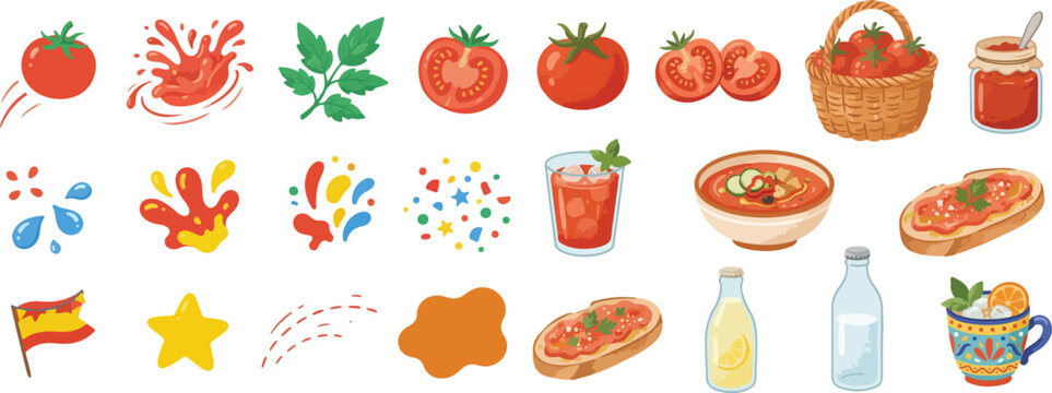 Hand-drawn Spanish food elements collection with tomato, gazpacho, and pan con tomate