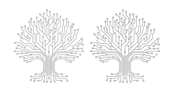 Digital Trees of Knowledge: Two stylized trees, crafted from intricate circuit board patterns, symbolize the fusion of nature and technology, representing growth, connectivity, and innovation.