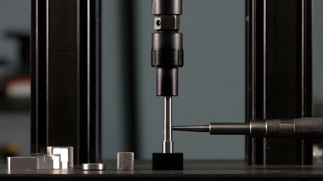 Tensile testing hine applies force to metal sample while precision tool measures deformation during mechanical stress evaluation