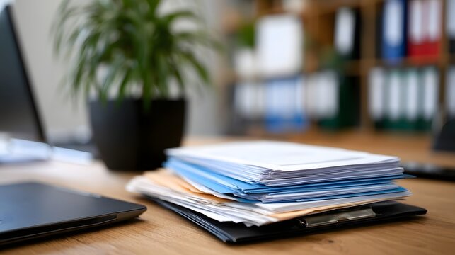 Stack of office documents on a wooden desk next to a laptop and potted plant with blurred background shelves