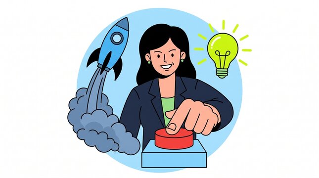 Businesswoman Pressing Launch Red Button with Rocket and Lightbulb Vector Illustration for Project Launch, Startup Innovation, and Strategic Growth, Transparent Background PNG