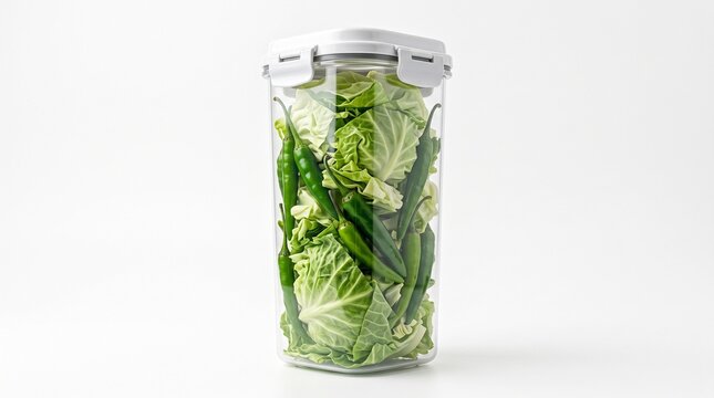 Airtight glass food container with fresh green vegetables, vacuum sealed storage jar for kitchen organization, clear plastic meal prep canister isolated PNG with Transparent Background