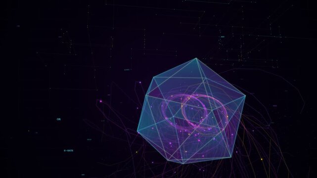 Futuristic quantum computing visualization featuring glowing 3D polyhedral geometric structures, swirling energy rings, binary data, and circuit lines panning dynamically through dark cyberspace.
