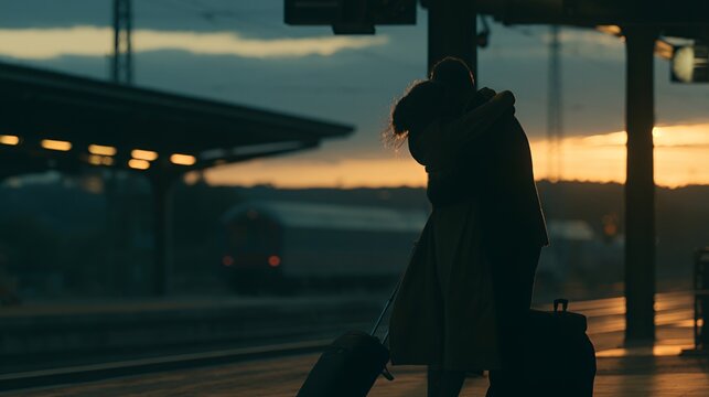 Sunset Embrace: Silhouette of Love at Train Station Platform