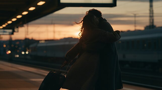 Sunset Embrace: Lovers' Farewell at Train Station Platform