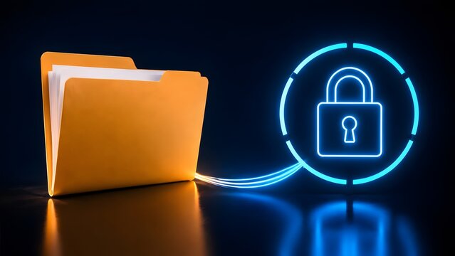 Yellow file folder connected to glowing neon lock icon representing secure document storage, confidential data protection and digital privacy