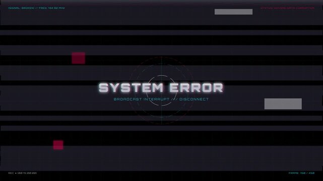 Futuristic digital system error screen animation with glowing HUD tech elements, cyber security failure warning message, static noise, pixel glitch distortion, and technical code UI interface.