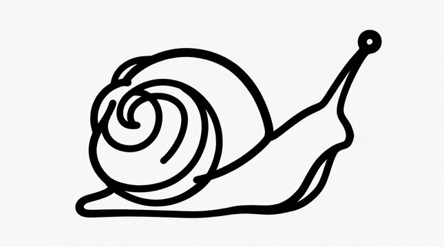 Simple black outline of snail with spiral shell, long antenna. Minimalist line drawing on white background. Single stroke gastropod icon for nature design, logo, educational symbol. Small garden