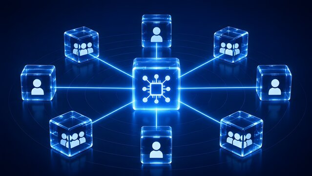 Glowing blue digital network diagram showing a central microchip connecting to multiple user nodes in a futuristic technology environment