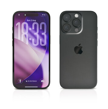 Apple iPhone 16 Pro in Black Titanium color, front and back views