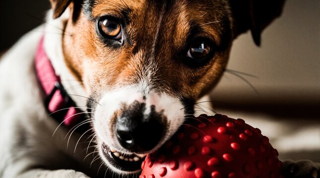 Jack Russell Terrier gnaws red textured ball toy. Pet dog with pink collar has intense focus on play object. Small canine enjoys chewing, engaging in fun indoor activity. Cute animal portrait.