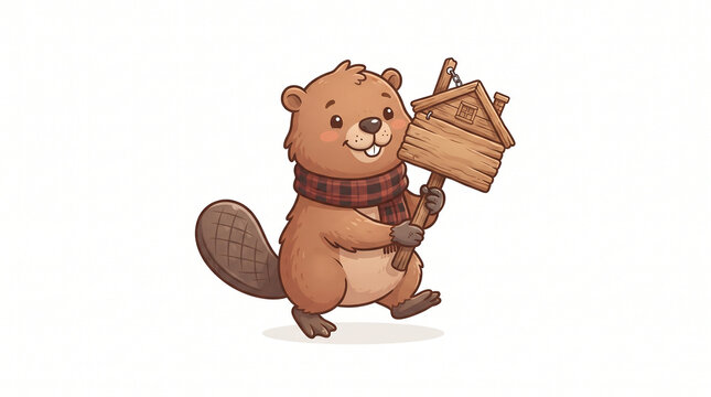 Cute cartoon beaver character wearing scarf and holding a wooden sign board, vector illustration