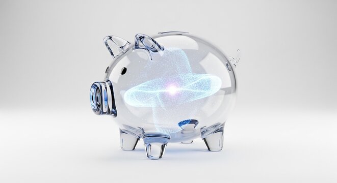 Transparent Glass Piggy Bank with Glowing Digital Energy